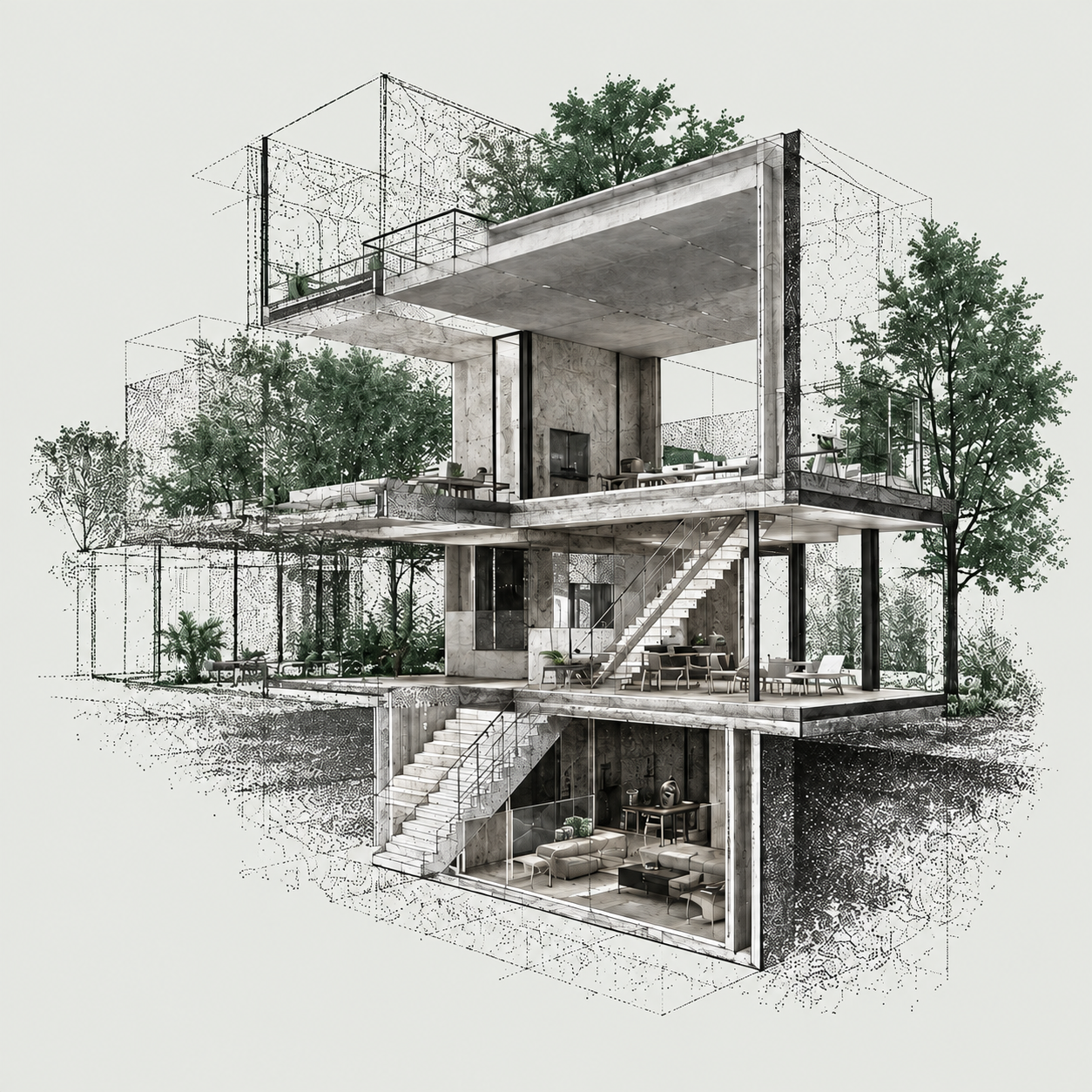 Conceptillustratie van een gebouw als 3D-puntenwolk