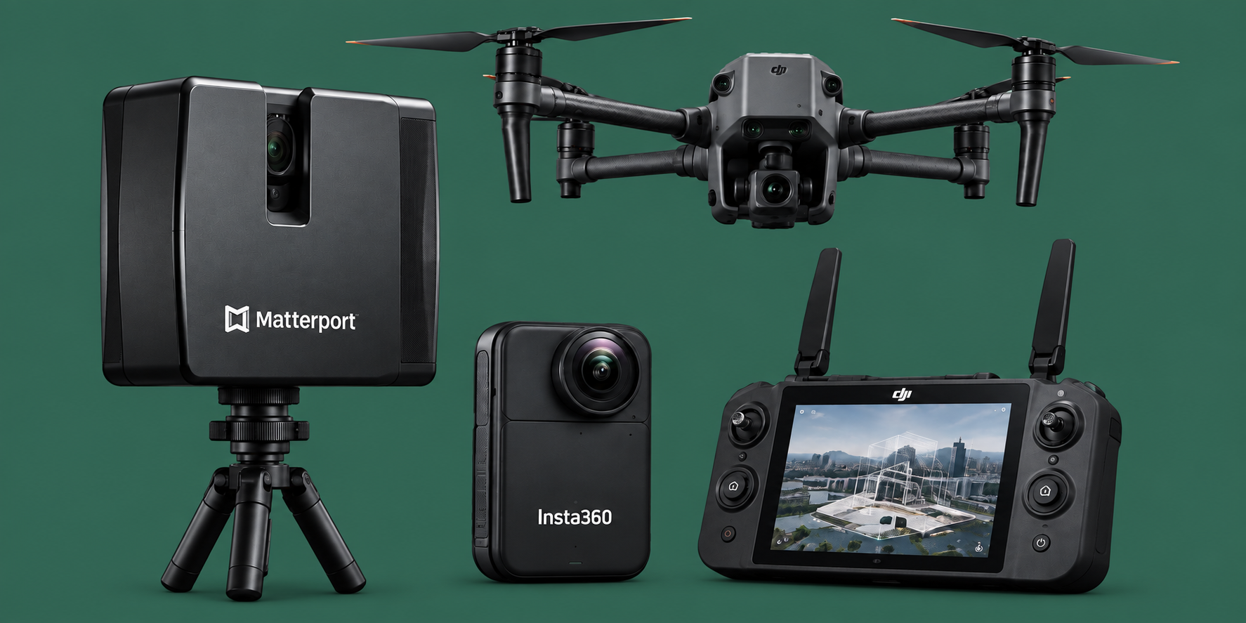 Illustratieve opstelling van een 3D-scanner, drone, 360-camera en controller